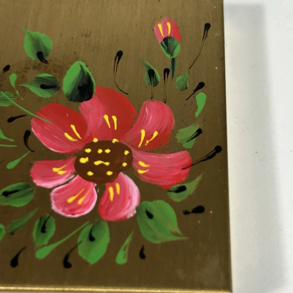 Vintage Compact Case w/Powder Puff, Gold Tone, Hand Painted Flowers READ